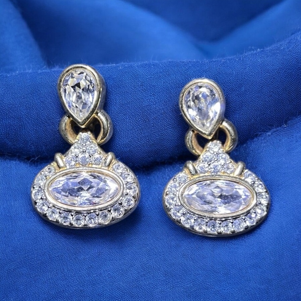 Vintage Swarovski Dangle Gold Crystal Rhinestone Doorknocker Earrings